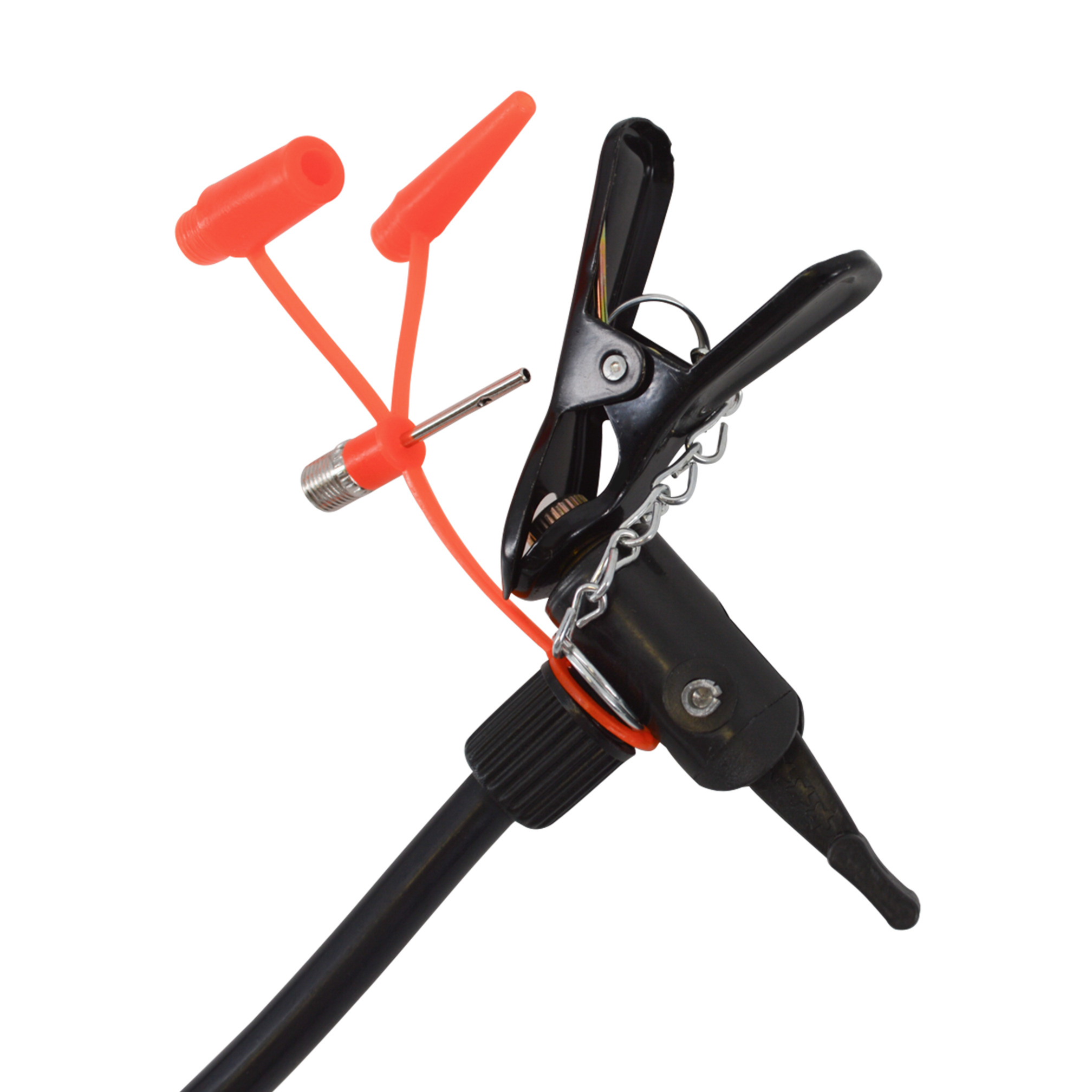 Metal ball pump needle with black clamp and 2 orange nozzles, used for inflating sports balls.