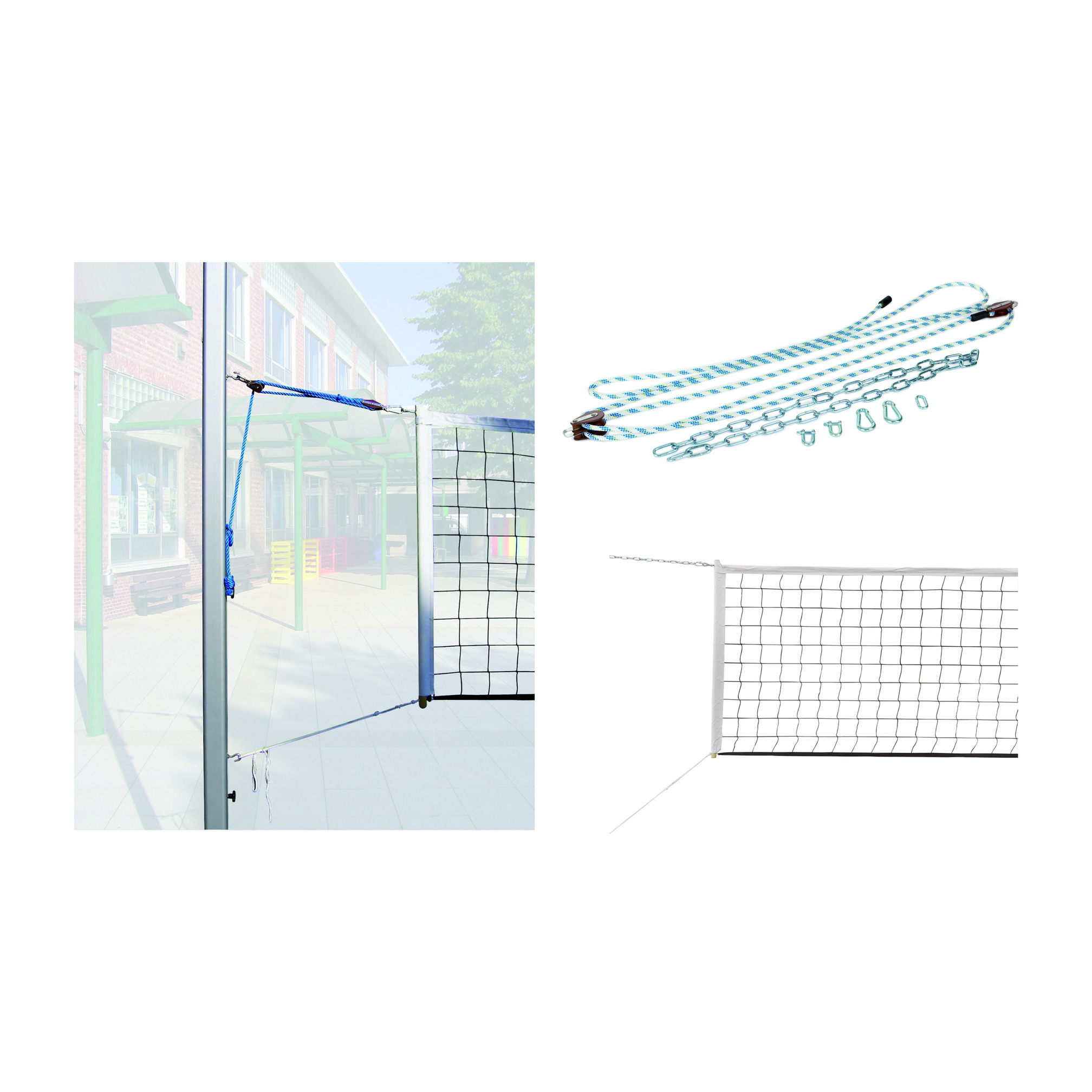 Outdoor volleyball set with volleyball  net, outdoor volleyball system and tensioning system.